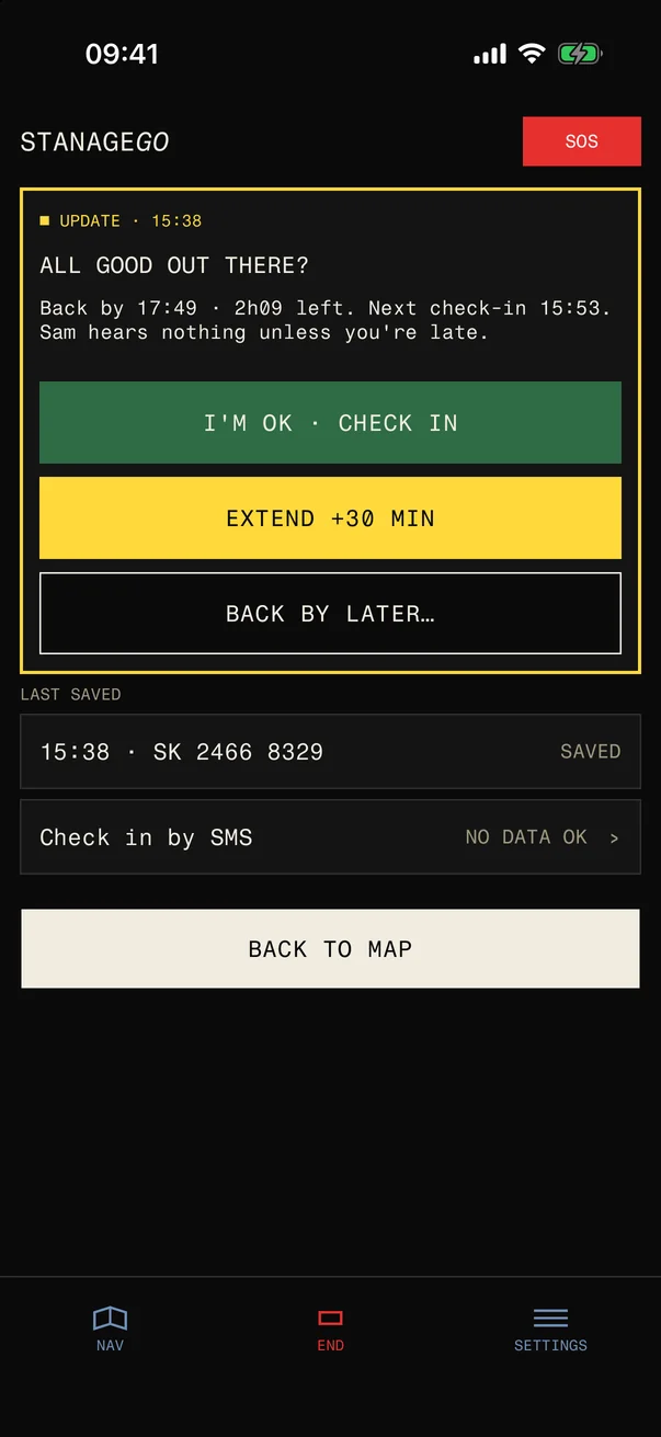 STANAGEGO check-in from the UPDATE button: All good out there? Back by 17:49 with 2h09 left and the next check-in at 15:53, with I'M OK, CHECK IN, EXTEND +30 MIN and BACK BY LATER, the last saved grid reference and check in by SMS when there is no data