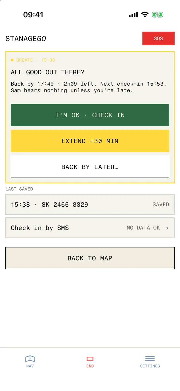 STANAGEGO check-in from the UPDATE button: All good out there? Back by 17:49 with 2h09 left and the next check-in at 15:53, with I'M OK, CHECK IN, EXTEND +30 MIN and BACK BY LATER, the last saved grid reference and check in by SMS when there is no data