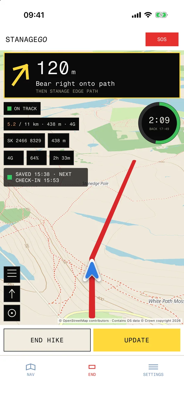 STANAGEGO following a route: the next turn reads 120 m, bear right onto path, then Stanage Edge path, over a map with the route in red, an on-track status, a ring showing 2:09 left and back by 17:49, and END HIKE and UPDATE buttons