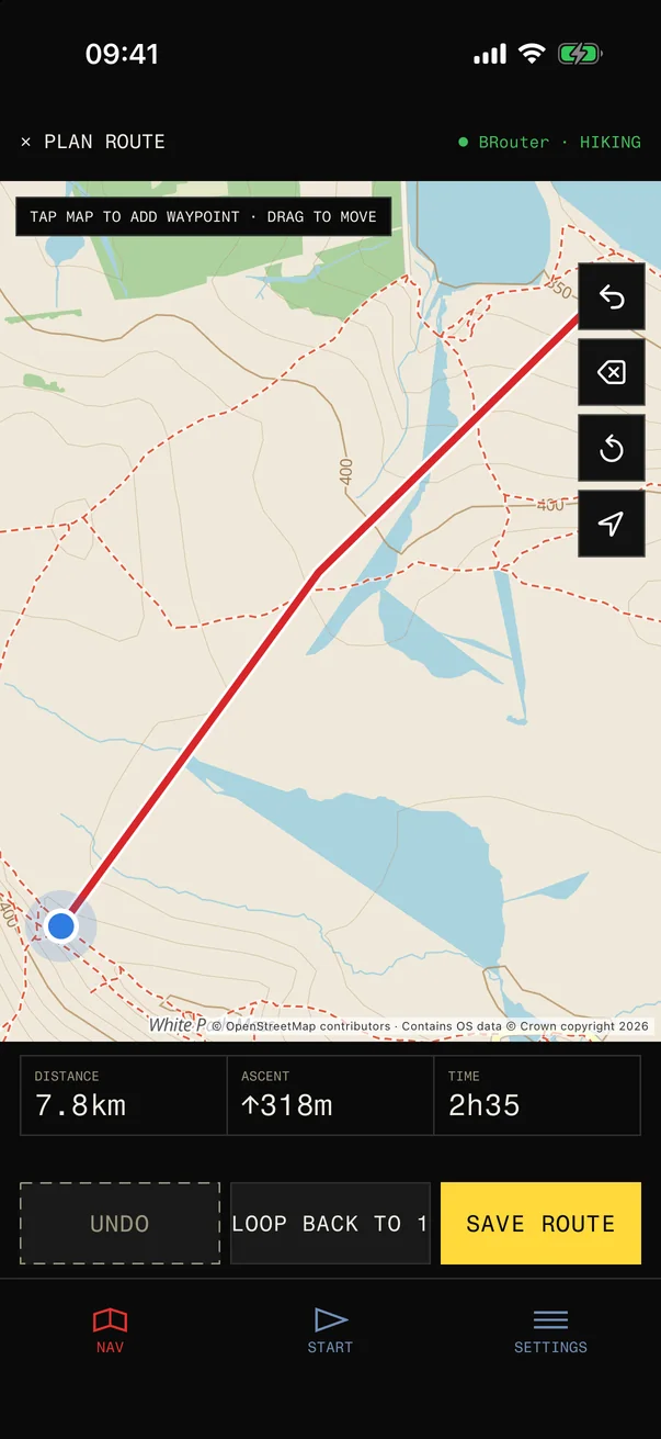 Planning a route in STANAGEGO: tap the map to add waypoints and it draws the route in red over a contour map, with tools to undo, delete and recentre, and the distance, climb and time below