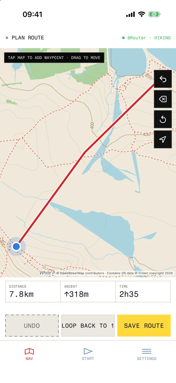 Planning a route in STANAGEGO: tap the map to add waypoints and it draws the route in red over a contour map, with tools to undo, delete and recentre, and the distance, climb and time below
