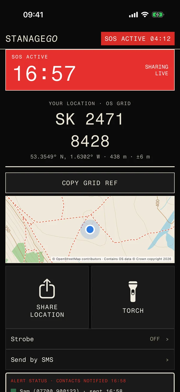 STANAGEGO SOS screen: SOS active and sharing live, your OS grid reference SK 2471 8428 in large figures to read aloud with latitude, longitude and height, a COPY GRID REF button, a map, share location, torch, strobe, send by SMS, and who has been told