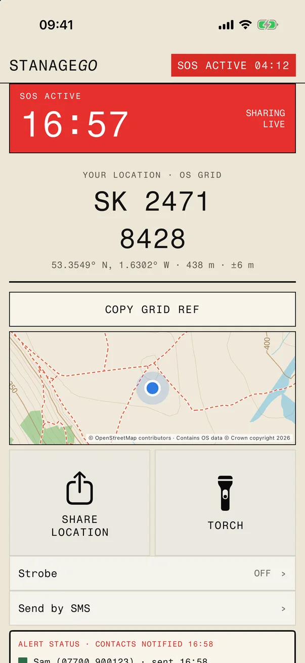 STANAGEGO SOS screen: SOS active and sharing live, your OS grid reference SK 2471 8428 in large figures to read aloud with latitude, longitude and height, a COPY GRID REF button, a map, share location, torch, strobe, send by SMS, and who has been told
