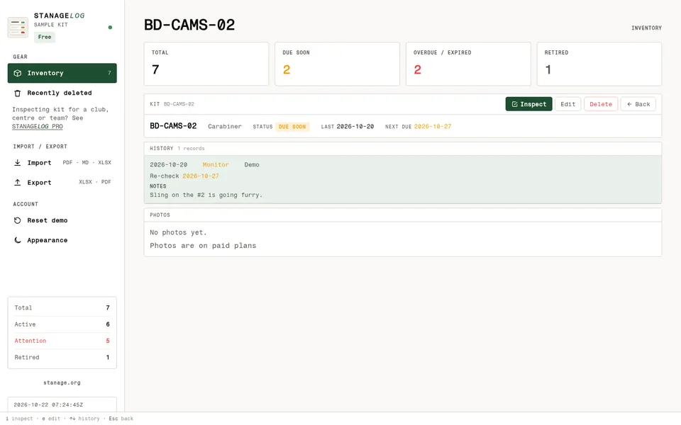 STANAGELOG item screen in a desktop browser for BD-CAMS-02: status due soon, the inspection history and notes side by side.