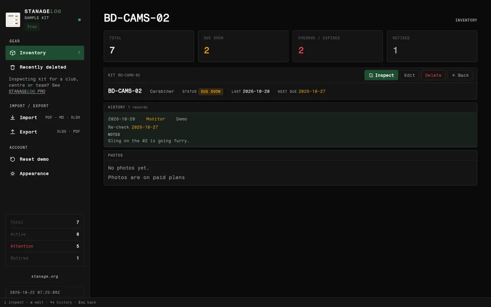 STANAGELOG item screen in a desktop browser for BD-CAMS-02: status due soon, the inspection history and notes side by side.