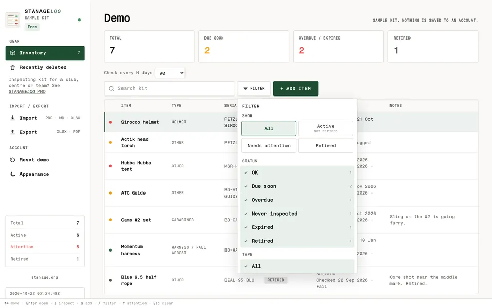 STANAGELOG kit list in a desktop browser with the filter menu open: show all, active, needs attention or retired, and status and type filters.