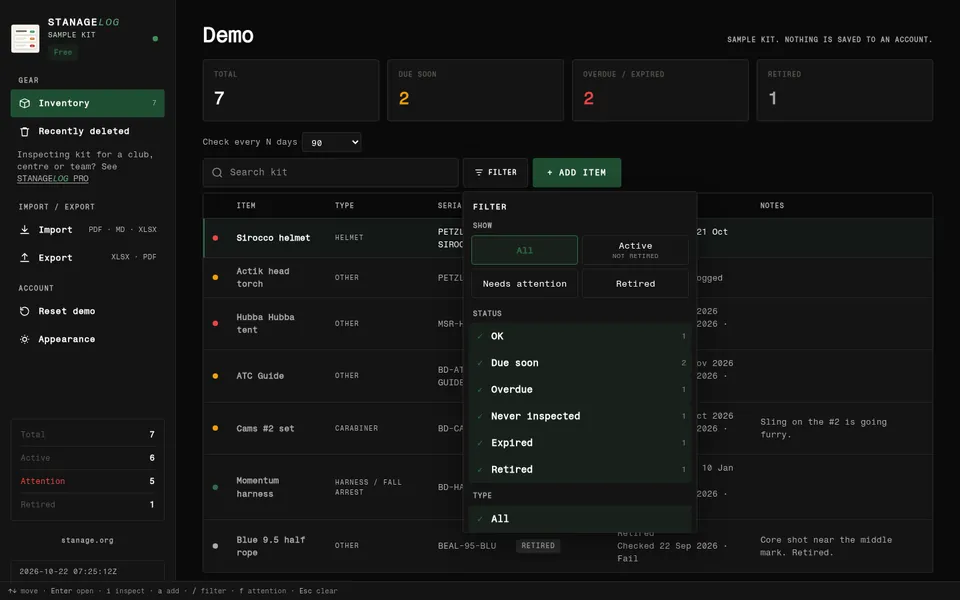STANAGELOG kit list in a desktop browser with the filter menu open: show all, active, needs attention or retired, and status and type filters.