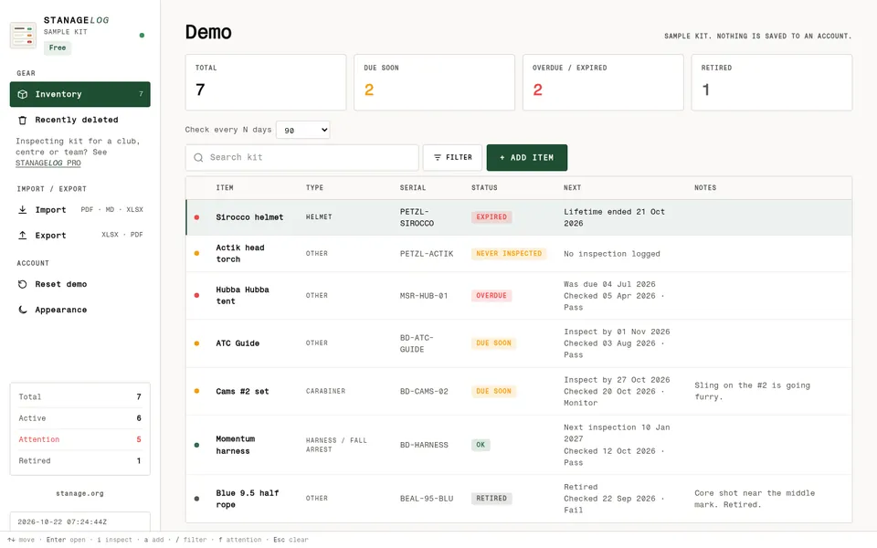 STANAGELOG in a desktop browser: the kit list with totals for due soon, overdue and retired, search, filter and a table of items with status pills.