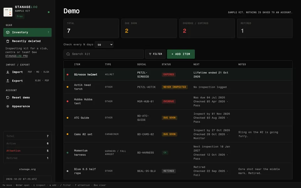 STANAGELOG in a desktop browser: the kit list with totals for due soon, overdue and retired, search, filter and a table of items with status pills.