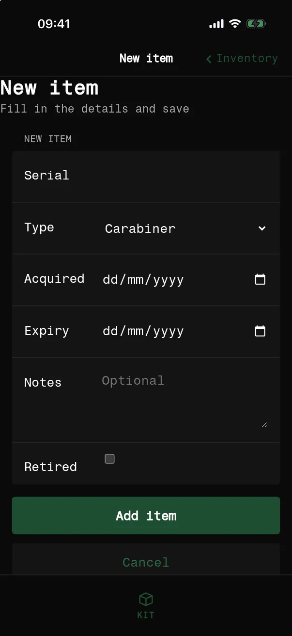 New item form on an iPhone with serial, type, acquired and expiry dates, notes and a retired switch, and an Add item button.