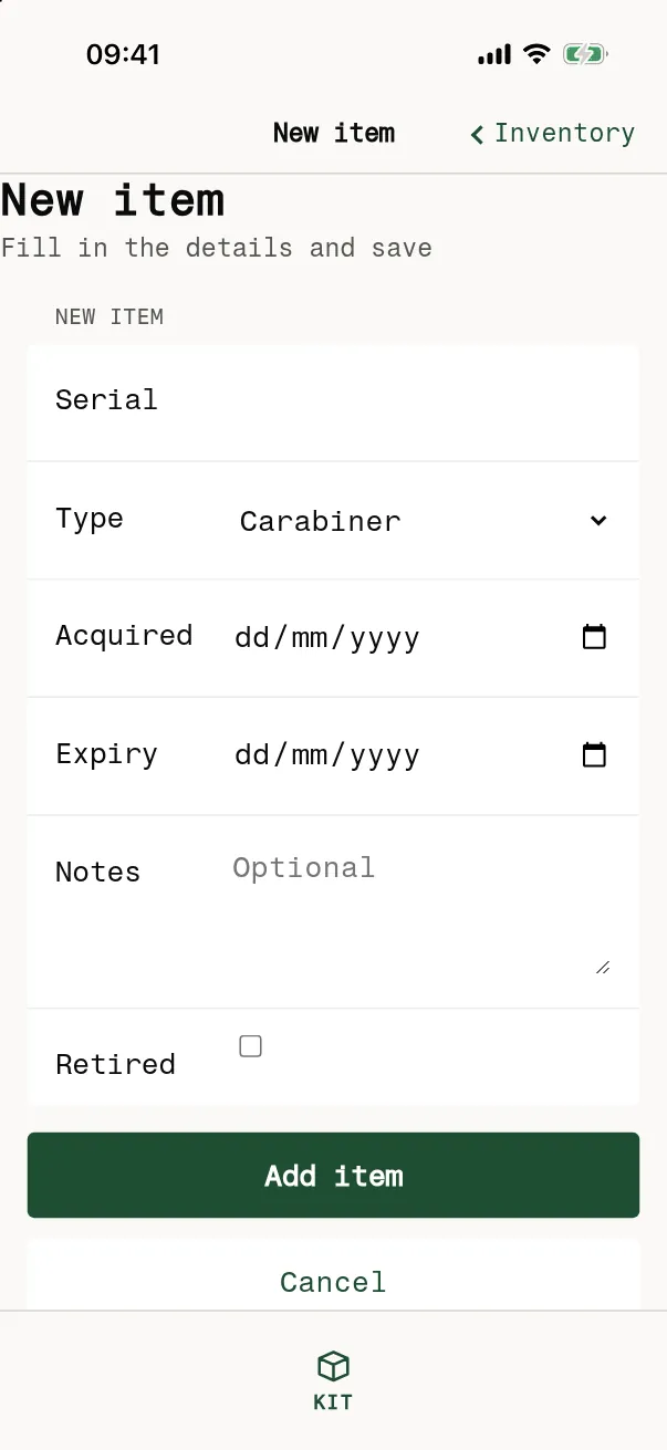 New item form on an iPhone with serial, type, acquired and expiry dates, notes and a retired switch, and an Add item button.