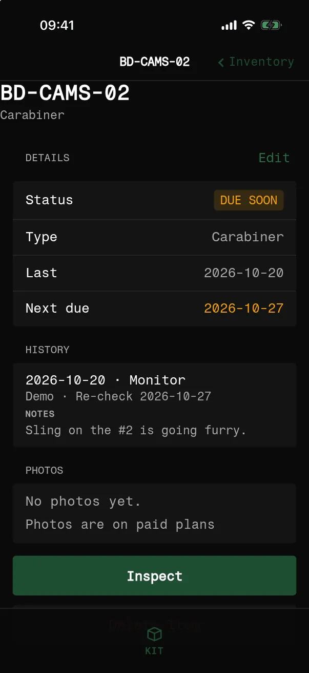 Item screen for BD-CAMS-02 on an iPhone: due soon, last checked 2026-10-19, next due 2026-10-26, history entry Monitor, sling on the #2 is going furry.