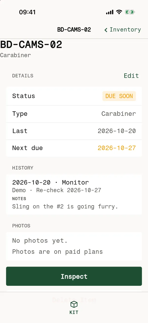 Item screen for BD-CAMS-02 on an iPhone: due soon, last checked 2026-10-19, next due 2026-10-26, history entry Monitor, sling on the #2 is going furry.