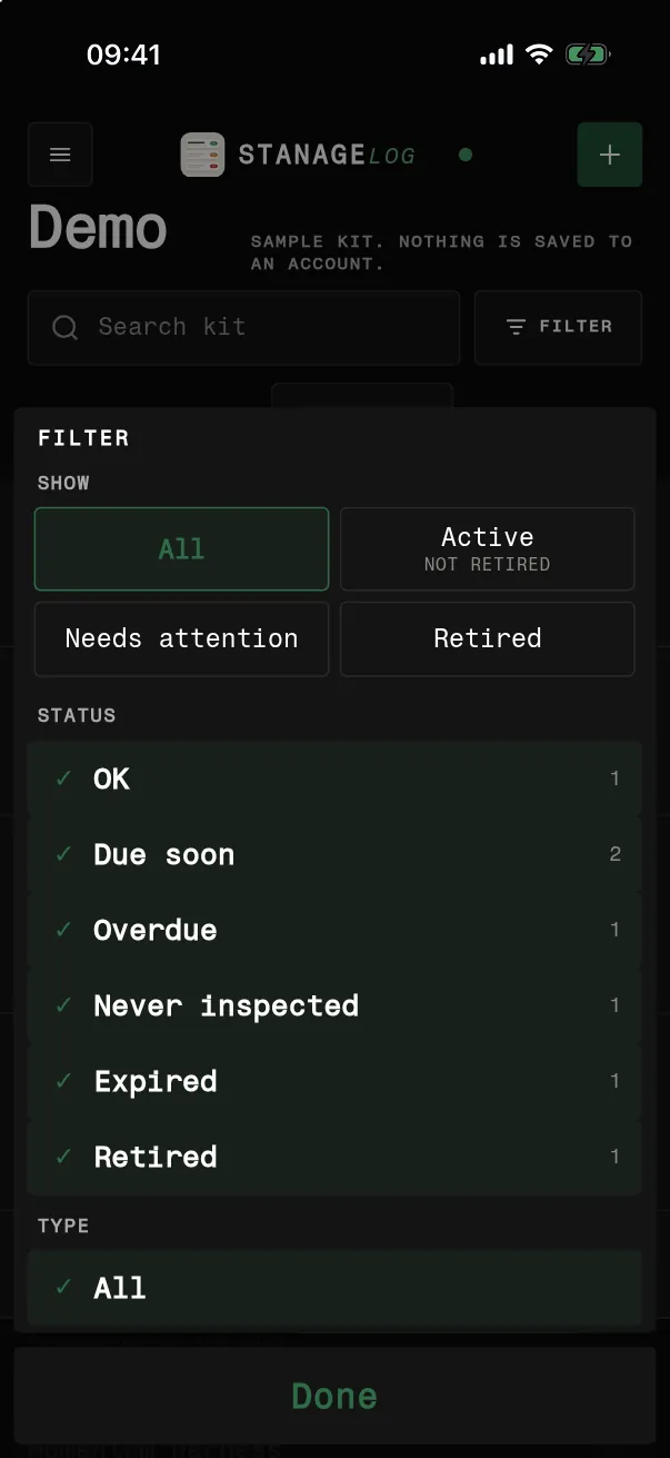 Filter sheet on an iPhone with show all, active, needs attention or retired, and status filters OK, due soon, overdue, never inspected, expired and retired with counts.
