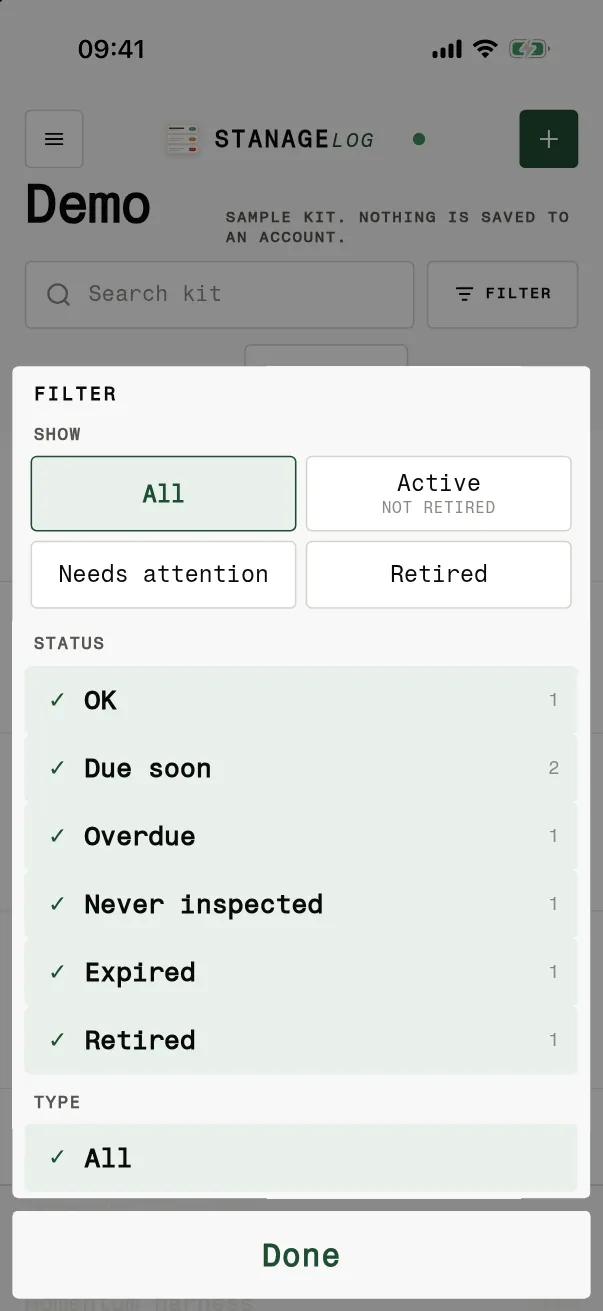 Filter sheet on an iPhone with show all, active, needs attention or retired, and status filters OK, due soon, overdue, never inspected, expired and retired with counts.
