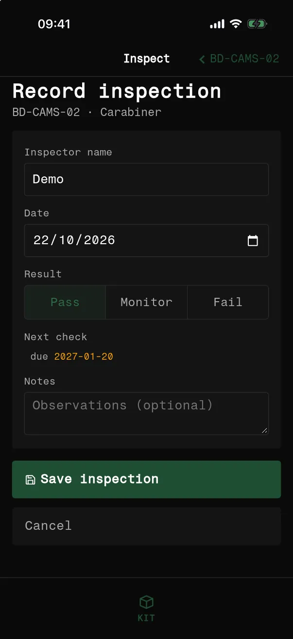 Record inspection screen in STANAGELOG on an iPhone, from the sample kit: inspector name, date, a Pass, Monitor or Fail choice, the next check date and a notes field.