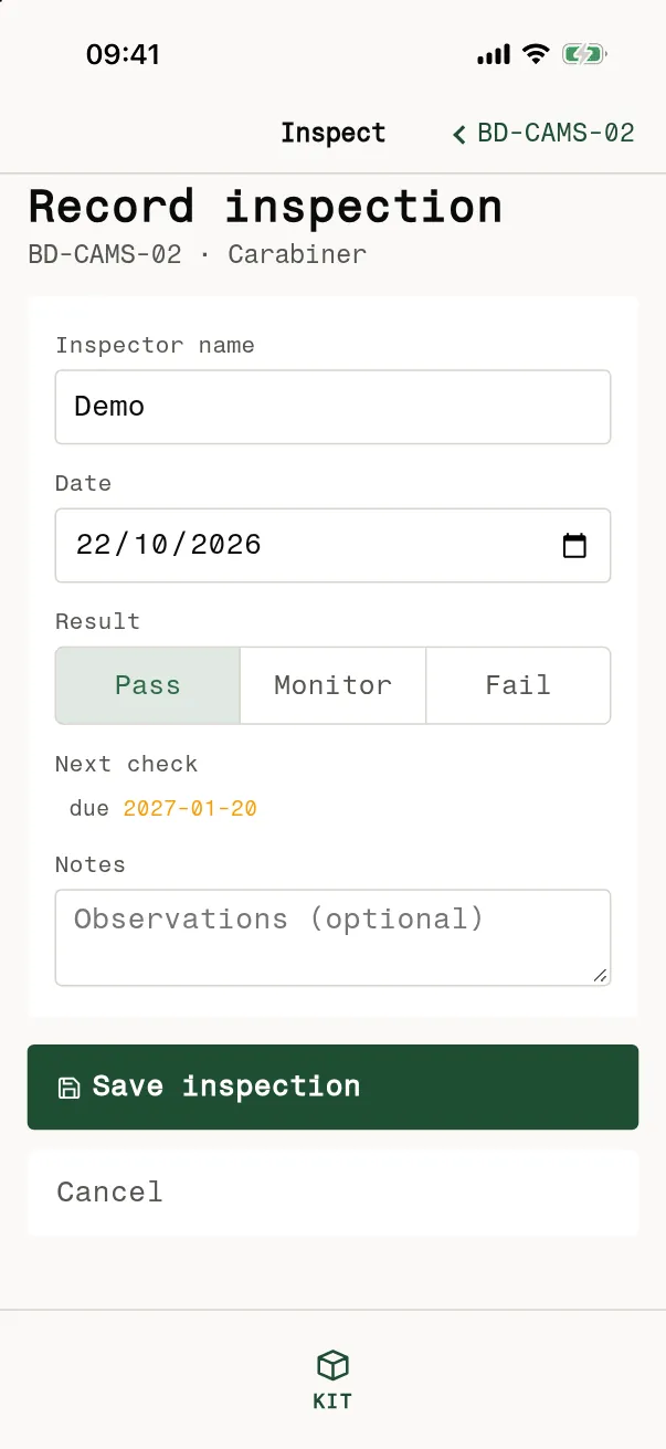 Record inspection screen in STANAGELOG on an iPhone, from the sample kit: inspector name, date, a Pass, Monitor or Fail choice, the next check date and a notes field.