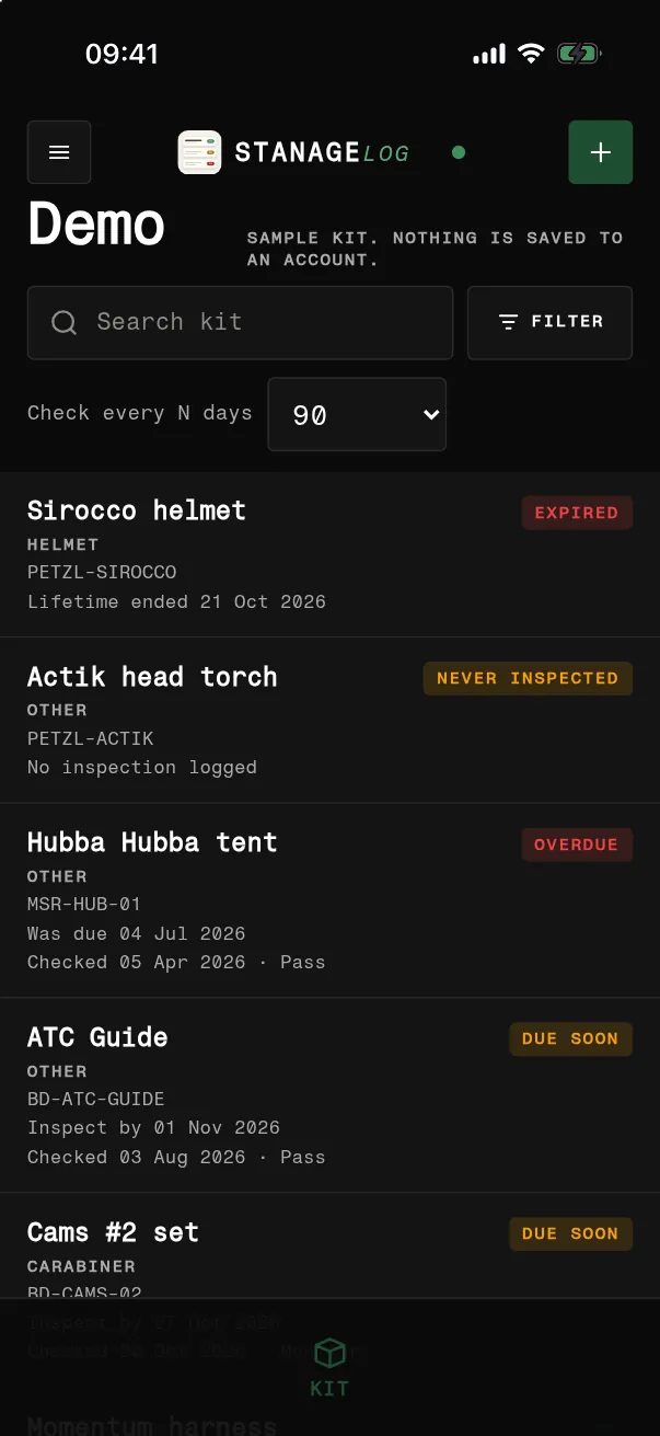 The STANAGELOG kit list on an iPhone, from the sample kit: Sirocco helmet expired, Actik head torch never inspected, Hubba Hubba tent overdue, ATC Guide and Cams #2 set due soon.