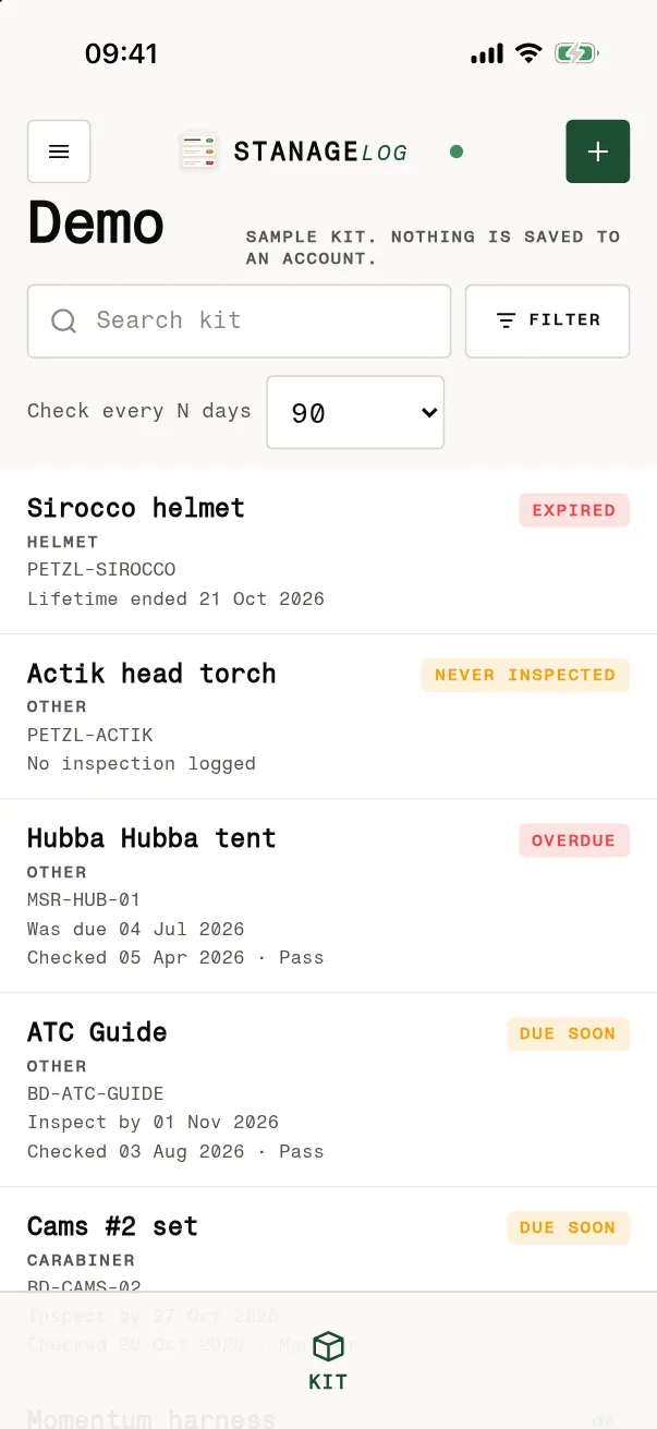 The STANAGELOG kit list on an iPhone, from the sample kit: Sirocco helmet expired, Actik head torch never inspected, Hubba Hubba tent overdue, ATC Guide and Cams #2 set due soon.